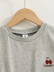 Tween Girl Cherry Letter Print Ruffle Fitted T-Shirt And Wide Leg Pants Set, Casual Fashionable Street Style For Spring, Summer, Autumn - Grey - View 6