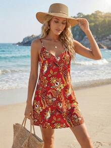 Sylviya Đầm nghỉ mát kiểu Bohemian in họa tiết cổ chữ V hở lưng dành cho nữ - Đỏ - Xem 4