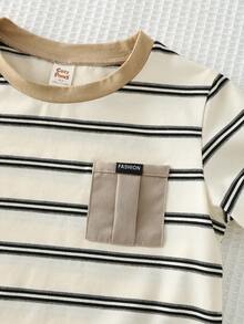 Cozy Pixies 女童条纹针织柔软圆领短袖套头衫和松紧腰短裤两件套 - 卡其色 - 查看 5