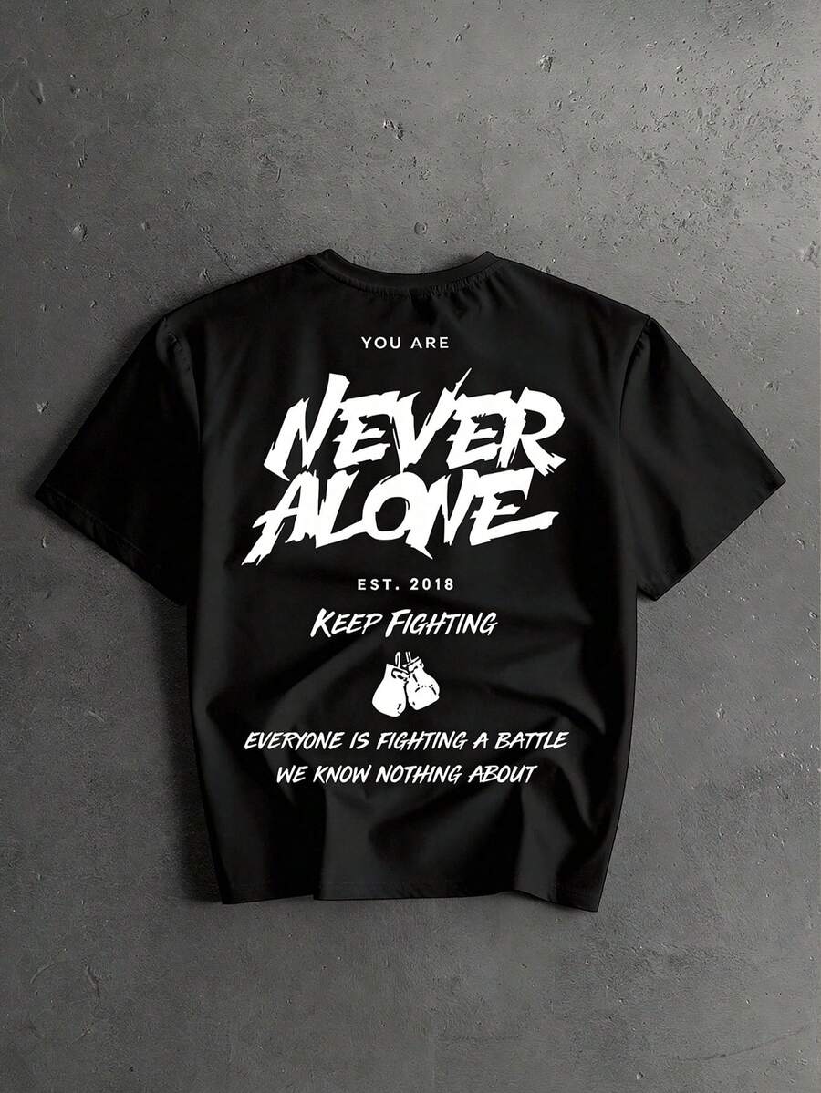 Manfinity ZONE917 Plus Size Men's Casual Slogan Printed T-Shirt, Summer Boxing Shirt Never Alone Shirt - Black - View 1