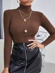 Cévolie 女士纯色高领长袖修身套头毛衣，适合秋冬季穿着 - 咖啡棕 - 查看 3