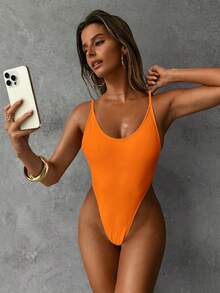 Aloruh 女士优雅性感极简露背连体泳衣，纯白色 - 橘色 - 查看 2