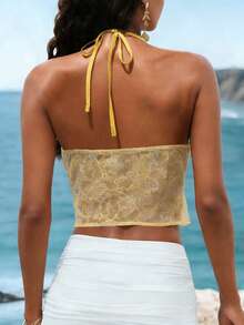 INAWLY Halter Neck Front Tie Ruffle Trim Shell Tape Contrast Lace Fabric Camisole - Yellow - View 2