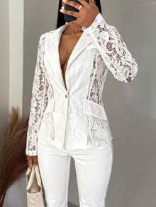 BamGleam Women's Lace Sheer Lightweight Vacation Style Blazer, Summer - White - View 5