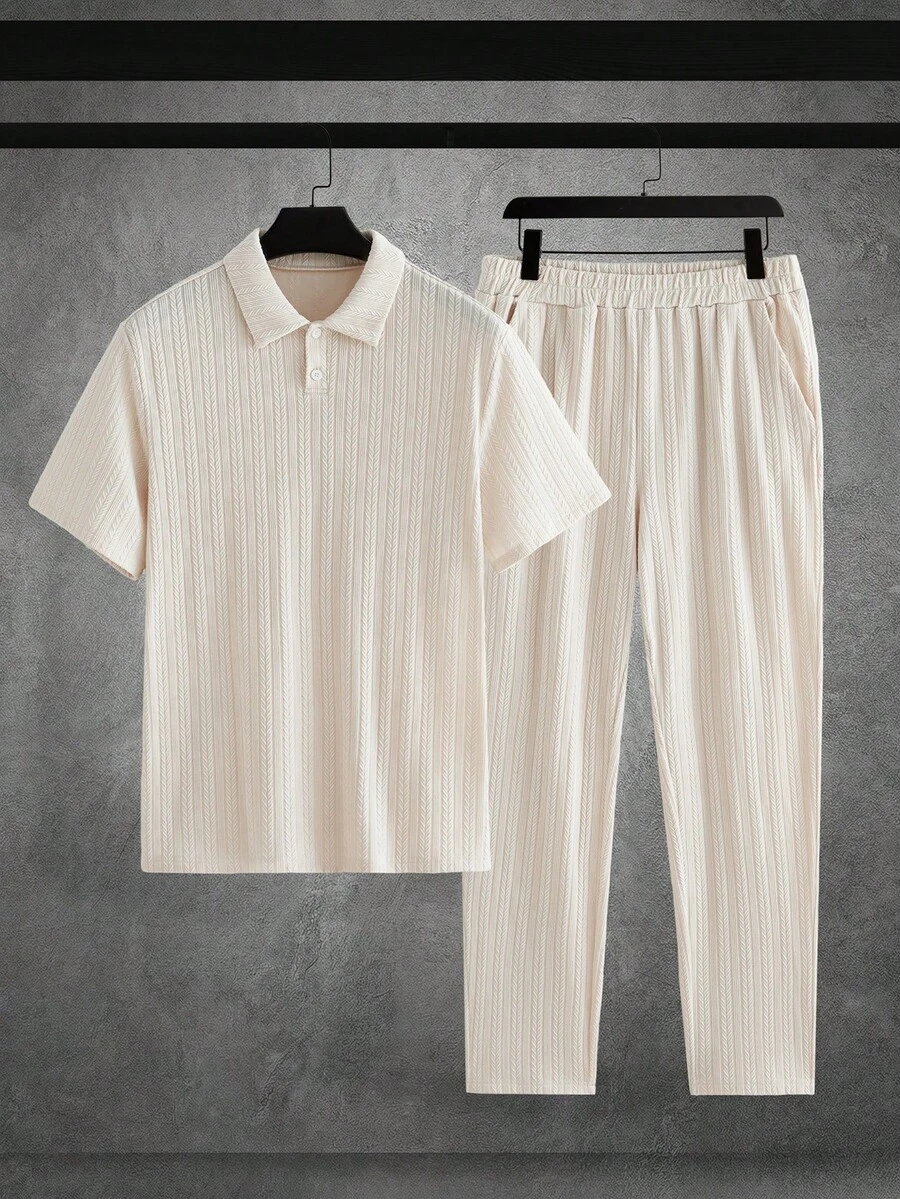 HIMLAND Men's Blue Button-Down Short Sleeve Shirt And White Side Pocket Casual Pants Set Men Casual Top And Bottom Set Men Navy Blue 2 Piece Set Men 2 Piece Set Linen Men Set Men Summer Pants Set