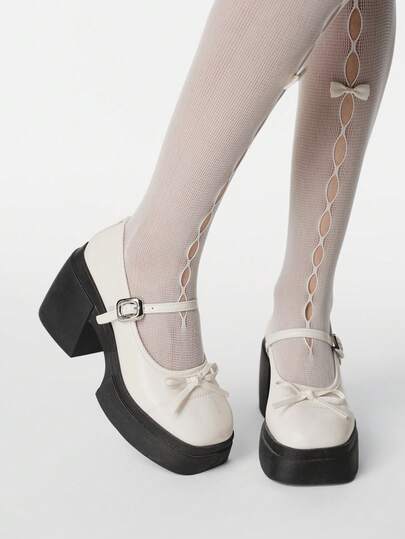 ROMWE Goth Women's Black Mary Jane Shoes, Closed Toe, Single Strap With Bow, Chunky Heel, Formal Work Shoes, Punk Rock Style, Cross Stud Decor, Platform Wedge Oxfords