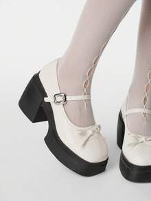 ROMWE Goth Women's Black Mary Jane Shoes, Closed Toe, Single Strap With Bow, Chunky Heel, Formal Work Shoes, Punk Rock Style, Cross Stud Decor, Platform Wedge Oxfords Y2K 2000s Style - Beige - View 5