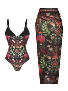 Swim Oasis Women's Spring/Summer New Print V-Neck Adjustable Strap Fitted One-Piece Swimsuit With Scarf And Skirt 2-Piece Set Holiday Outfits For Women Swimwear Beach Outfits For Woman Bathing Suits For Women Print Pool Outfits For Woman Playa Outfits Women Vacation Outfit Sets Sarong Set Women's Summer Outfits Women's Holiday Clothes - Multicolor - View 2
