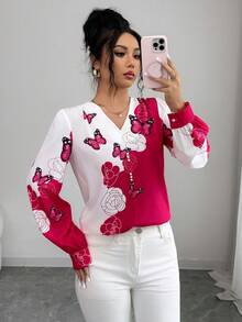 Elenzga 女士蝴蝶图案印花紫红色长袖衬衫，优雅适合春夏假期穿着 - 彩色 - 查看 5