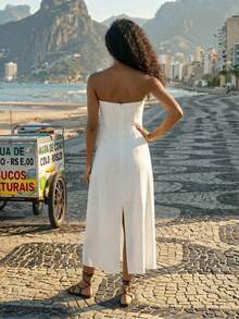 CAJUNI Women Summer Tropical Strapless Long Dress - Beige - View 2