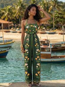 CAJUNI Women's Summer Vacation Floral Print Halter Backless Jumpsuit - Army Green - View 1