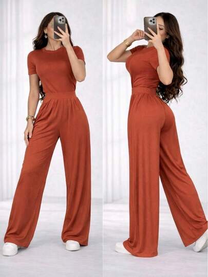 Conjunto de 2 piezas casual para mujer dama set paquete camiseta de manga corta y Pantalones de Pierna ancha Wide Leg de cintura alta - estilo minimalista y cómodo urbano diario día noche