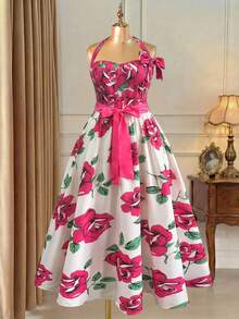 Rometta 大码女式法式浪漫优雅印花无袖吊带系带连衣裙，适合春夏、返校、毕业典礼、假期、情人节、音乐节、母亲节、万圣节、感恩节、复活节、国庆节、舞会、约会、派对、婚礼、户外活动等场合。 - 彩色 - 查看 10