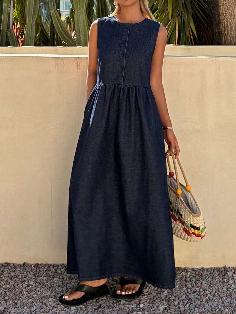 Loose Denim Artistic Sleeveless Shirt Dress For Women