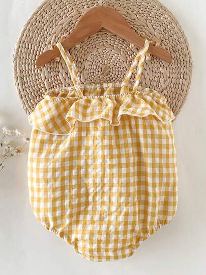 SHEIN Baby Girls' Casual Fashionable Plaid Ruffle Strap Romper, Cute Princess Style, Suitable For Spring/Summer Outdoor, Daily, Travel Wear