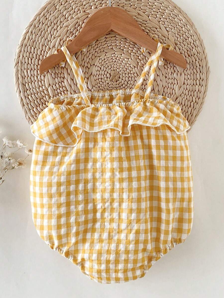 SHEIN Baby Girls' Casual Fashionable Plaid Ruffle Strap Romper, Cute Princess Style, Suitable For Spring/Summer Outdoor, Daily, Travel Wear - Multicolor - View 1