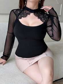 Dazy Plus 撞色蕾丝网眼镂空紧身性感极简黑色长袖T恤 - 黑色 - 查看 1