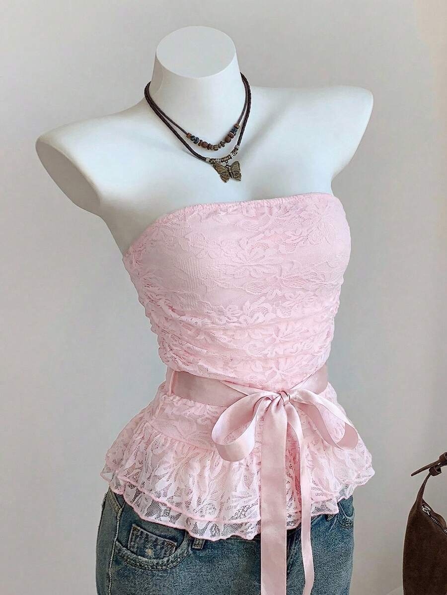 Comfortcana 女士Y2K风格打结蕾丝抹胸上衣，无肩带荷叶边下摆衬衫，粉色露脐上衣，适合情人节约会 - 粉色 - 查看 1