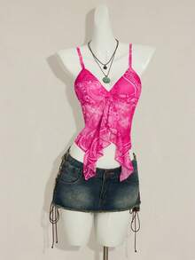 SHEIN ICON Áo tank top mùa hè ôm sát, dây mảnh, cổ chữ V, viền bèo nhún - Hồng - Xem 7