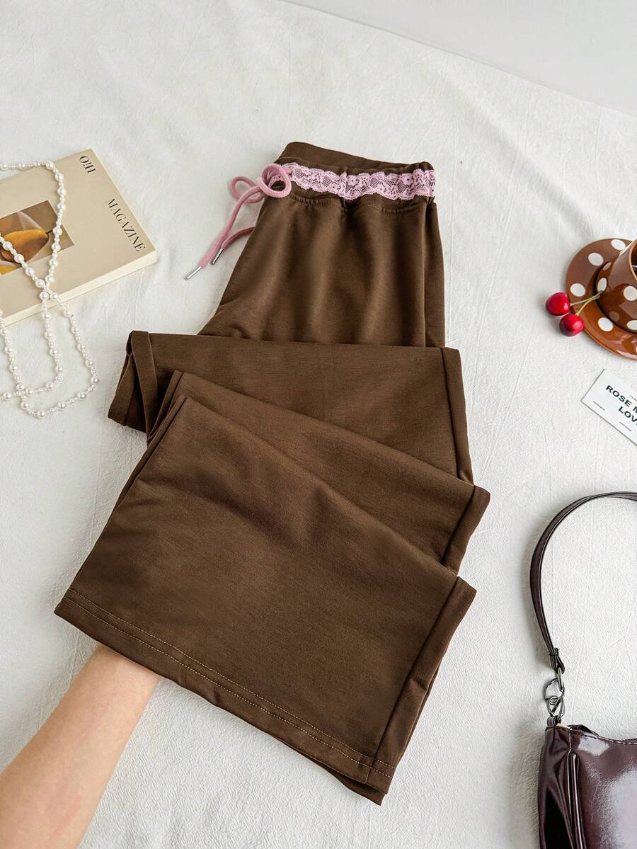 Sweetra Women's Brown Waistband With Pink Lace Trim Casual Commuter Y2K Retro Bohemian Pants With Right Side Unique Print, Spring/Summer - Brown - View 1