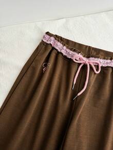 Sweetra Women's Brown Waistband With Pink Lace Trim Casual Commuter Y2K Retro Bohemian Pants With Right Side Unique Print, Spring/Summer - Brown - View 6