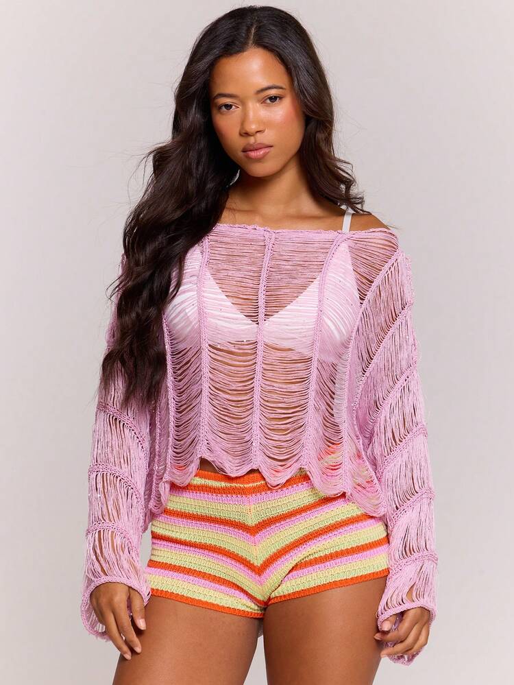 MUSERA Slash Neck Distressed Fringe Beaded Long Sleeve Sweater