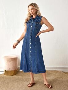 SHEIN Essnce Vestido de mezclilla de verano para mujer con botones frontales y sin mangas de unicolor - Azul - Ver 3