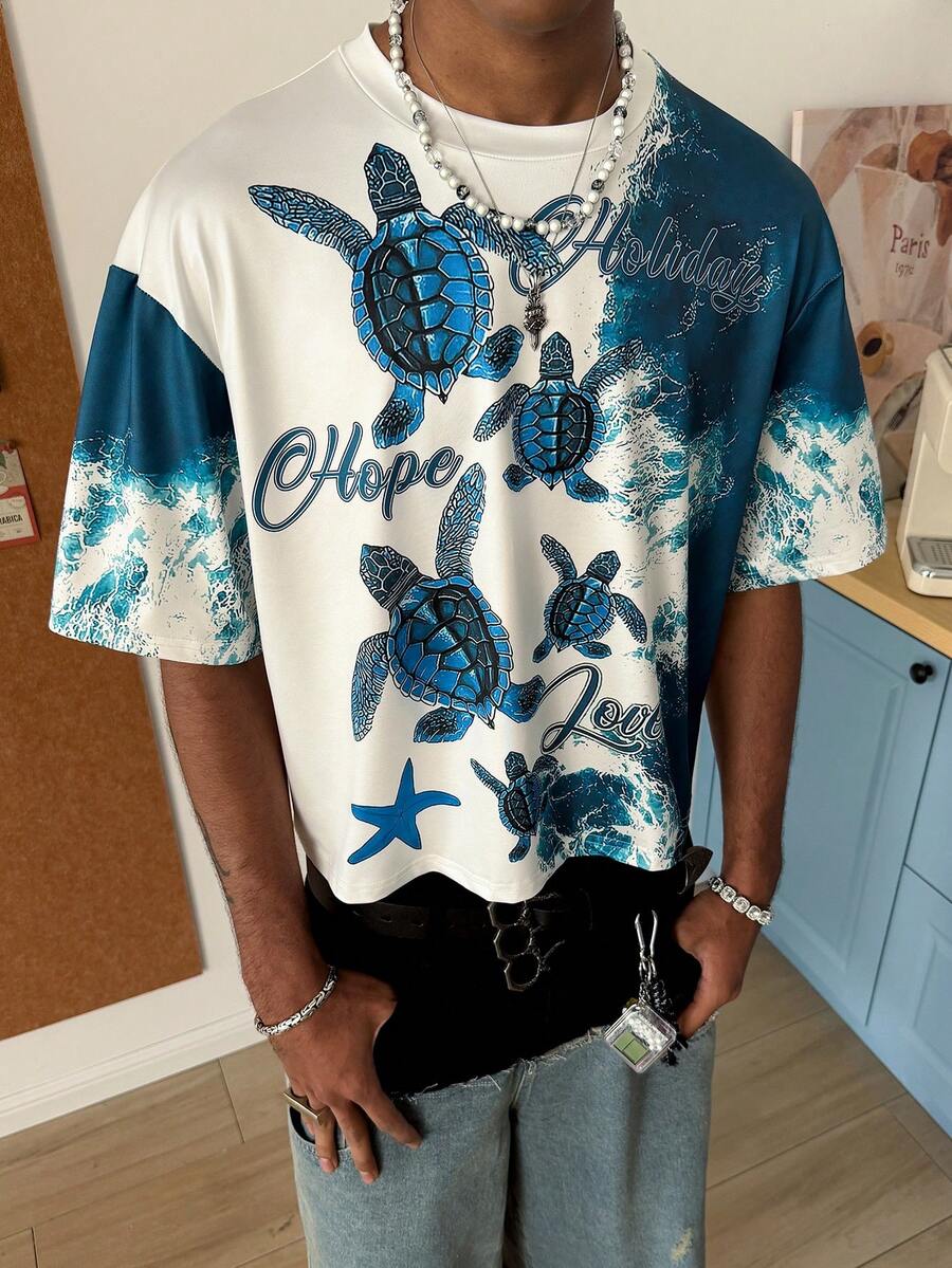 STEELVANCE 男士字母和海龟印花圆领短袖休闲百搭T恤 - 彩色 - 查看 1