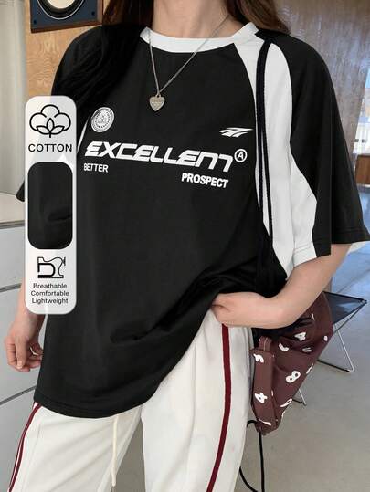 Dazy Plus Contrast Color Block Graphic Print Loose Casual Street Style Short Sleeve T-Shirt, Spring/Summer