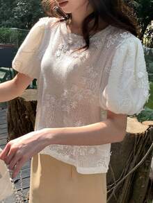 DAZY Damen Rundhals 3D Blumen Eleganter Koreanischer Stil Strickoberteil Sommer - Weiss - Übersicht 3