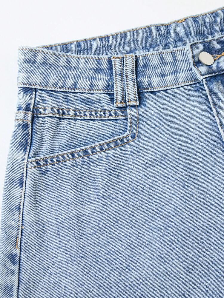 SHEIN Essnce Plain Color Frayed Hem Slant Pocket Casual Denim Shorts - Light Wash - View 5