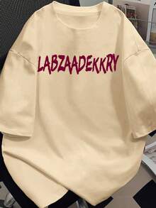 Manfinity Dauomo 男士美式街头复古涂鸦字母星形印花T恤，夏季宽松休闲短袖上衣 - 卡其色 - 查看 2