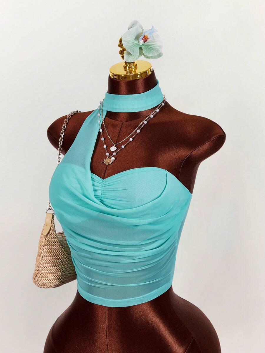 Amplova Women's Plunging Neckline Ruched Bust Beach Vacation Camisole - Green - View 1