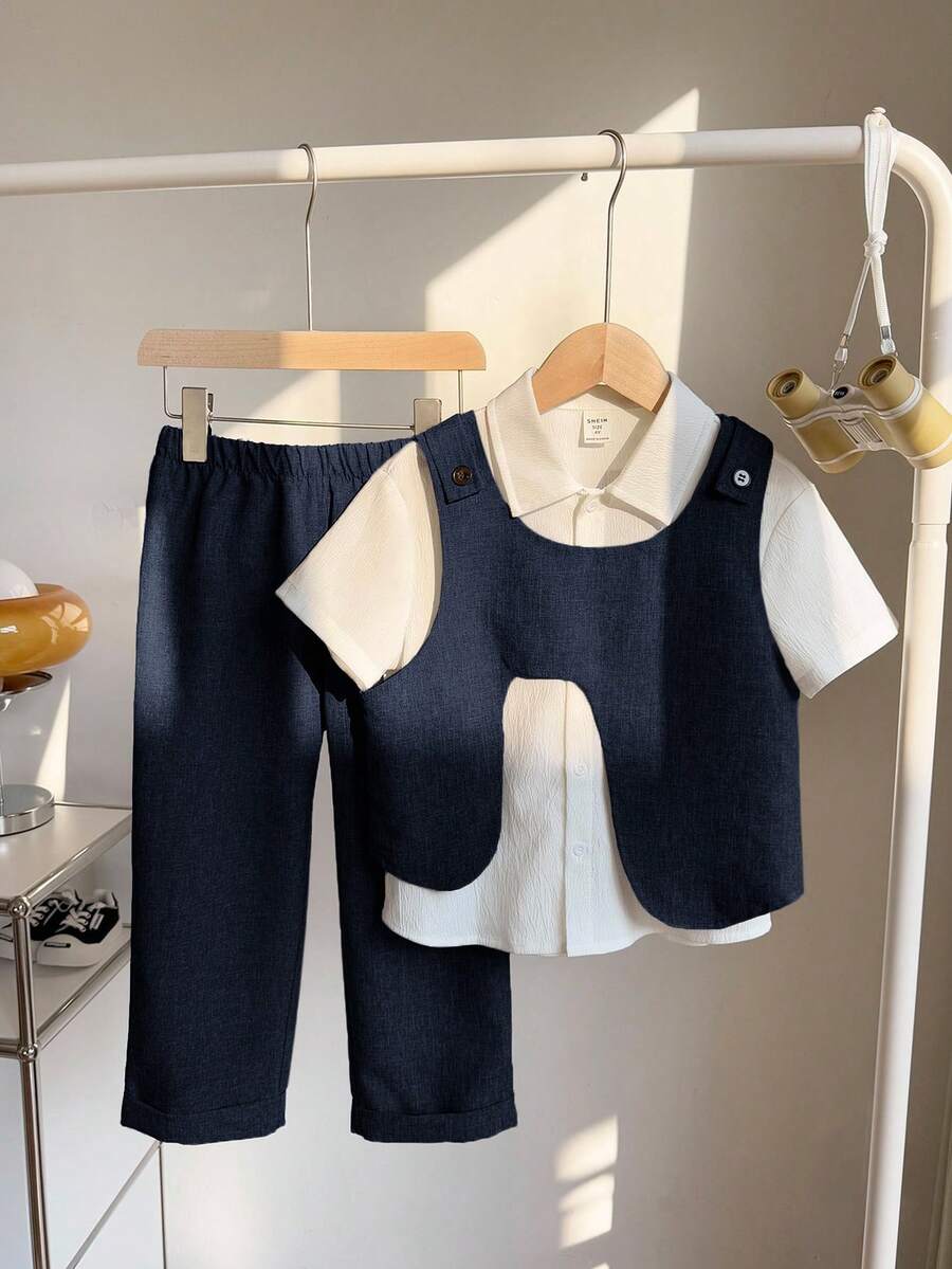 SHEIN Little Byeori 3件套男童不对称韩版背心、宽松阔腿裤、衬衫及梭织面料三件套，带领，适合通勤、上学、日常休闲、度假、旅行。