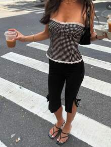 Siren Gaze 女士慢跑裤 2026 黑色高弹力蝴蝶结运动短裤 女士纯色弹力腰带系带休闲七分裤 女士度假套装 女士两件套 流行套装 女士两件套 女士夏季上衣 - 黑色 - 查看 1