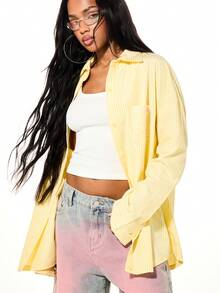 SUMWON WOMEN Áo sơ mi dài tay cổ bẻ kẻ sọc vàng dáng rộng, thích hợp mặc đi biển, phong cách thường ngày mùa xuân hè, nghỉ dưỡng. - Màu vàng - Xem 1