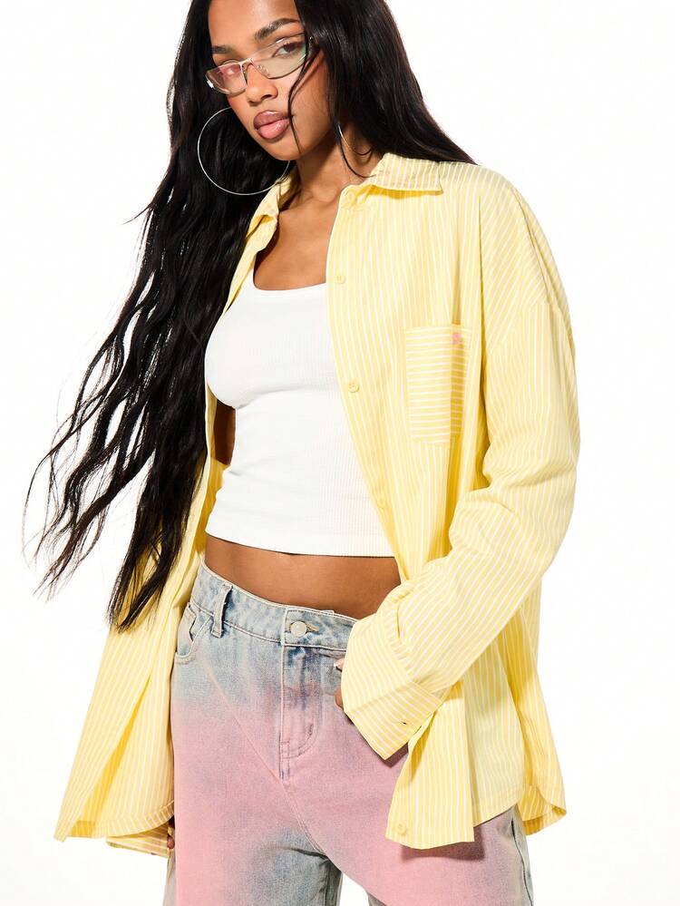 SUMWON WOMEN Oversized Yellow Striped Button-Up Shirt