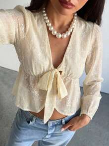 Aloruh Women's Autumn/Winter Sweet Ruffle Flare Sleeve Deep V Neck Embroidered Fitted Tie-Front Blouse - Beige - View 8