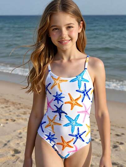 可爱彩色海星印花吊带连体泳衣，休闲简约风格，适合青少年女孩，夏季休闲度假必备，#椰子女孩
