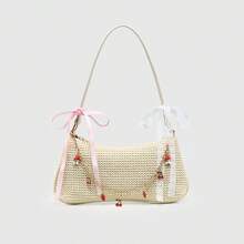 ROMWE Kawaii 女士复古芭蕾舞风格蝴蝶结装饰链条豹纹珍珠蕾丝装饰单肩腋下手提包 - 淺米色 - 查看 5