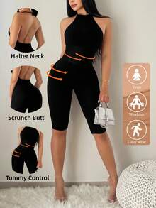 Sirith Seamless Knit Halter Backless Sexy Jumpsuit - Black - View 3