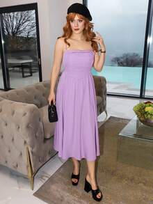 Gretanique Solid Ruched Cami Dress,Pastel Dresses For Women,Lavender Dress - Purple - View 6