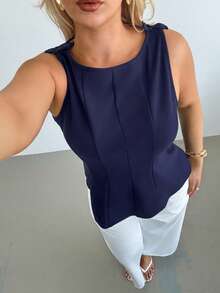 Auralis 大码女式夏季休闲日常办公通勤纯色蝴蝶结装饰褶皱无袖修身衬衫 - 藏蓝色 - 查看 4