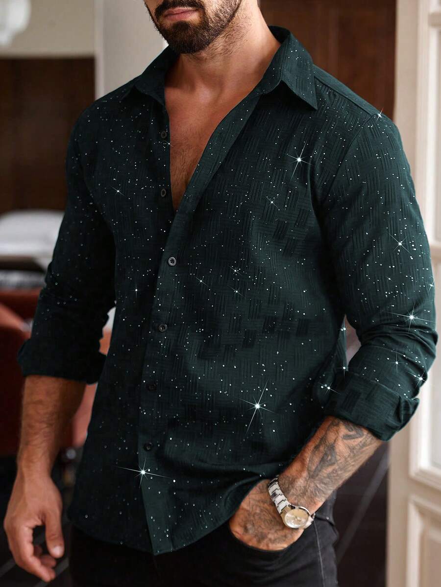 Manfinity AFTRDRK Men's Casual Shiny Button-Front Long Sleeve Shirt, Autumn - Dark Green - View 1