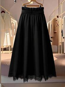 GlowEve CURVE Plus Size Women Elegant Commuter Decorative Button Ruched A-Line Skirt - Black - View 3
