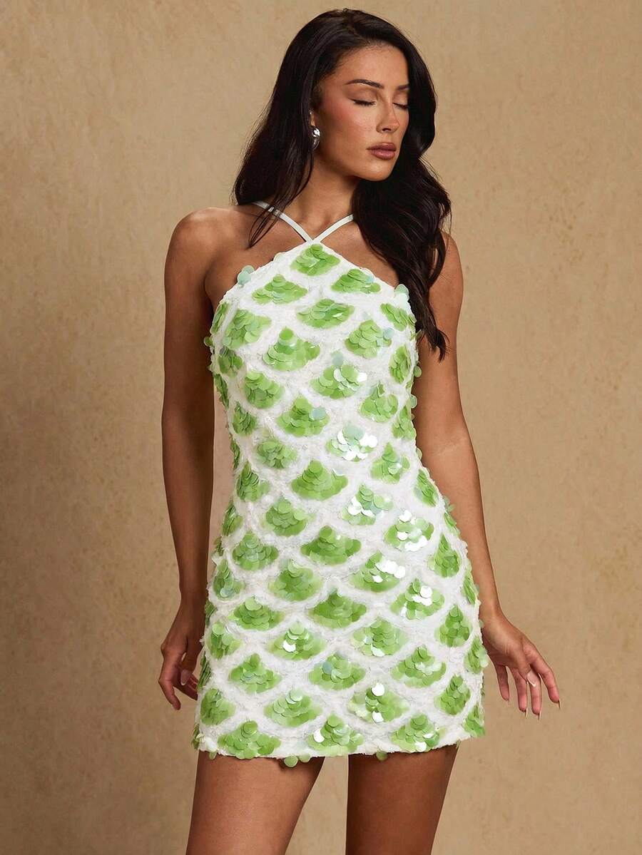 Glamine Đầm ngắn cổ yếm thời trang đính sequin dành cho nữ - màu xanh lá - Xem 1