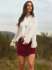 WESTFADE Minifalda envolvente con hebilla plegable de ante sintético, con tachuelas laterales, para primavera, verano, vacaciones, resort, lindo, casual, bohemio, Nashville, vaquera, Stagecoach, Coachella, festival, ropa de estilo occidental - Rojo - Ver 3