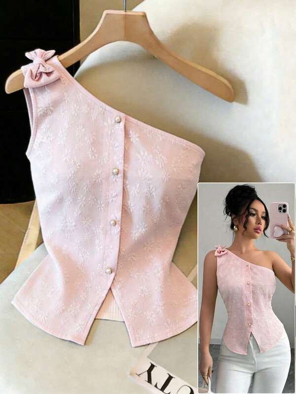 Elenzga New Arrival Elegant Sweet Pink Floral Textured Jacquard Design Asymmetric-Shoulder Fitted Casual Blouse For Women, Suitable For Daily Wear And Dates