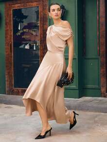 Opuloom Spring/Summer New Oblique Shoulder Ruched Waist Bodycon Asymmetrical Hem Elegant Casual Vacation Date Party Commute Mid-Length Dress - Apricot - View 7