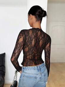 SHEIN PETITE 女士秋季/四季街头风锐舞节波西米亚西部风Y2K辣妹蕾丝V领长袖T恤 - 黑色 - 查看 5